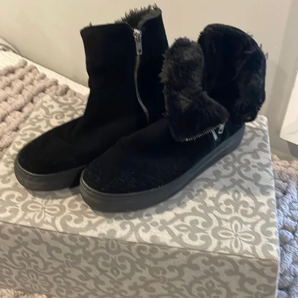 J Slides Shoes J Slide Black Suede Faux Fur Lined Booties